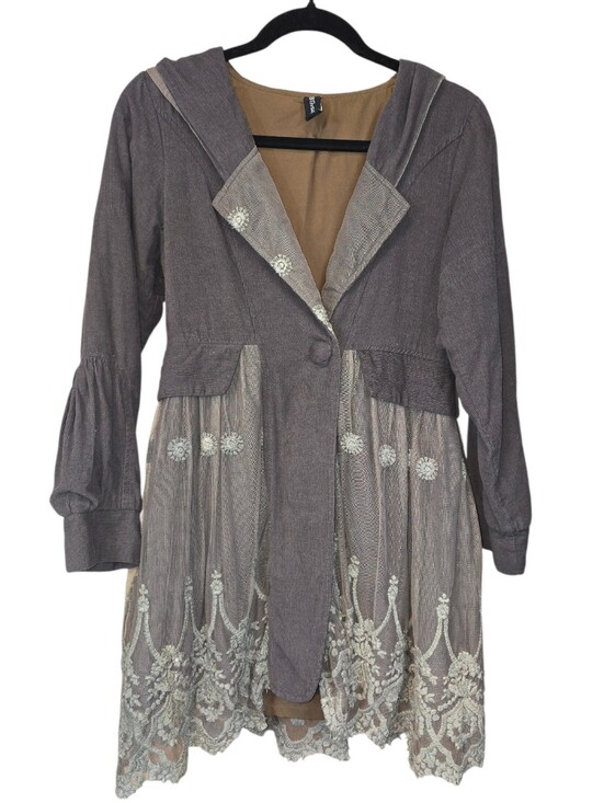 Sacred Threads Jackets & Blazers - Sacred Threads Grey Corduroy & Embroidered Lace Hooded Jacket Coat - Size Small